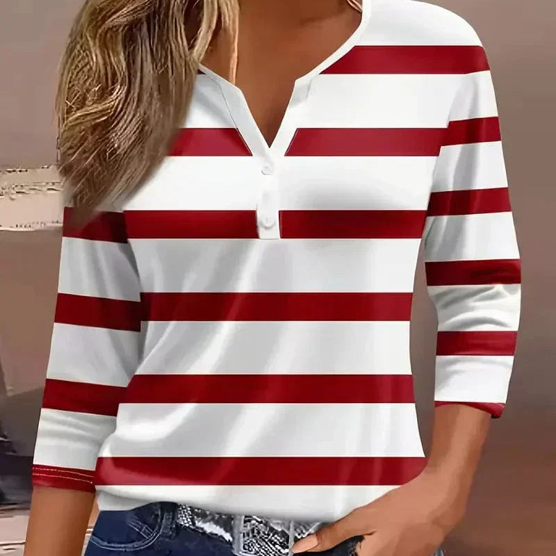 Women's Striped T-shirt with 3/4 Sleeves and Buttoned Collar