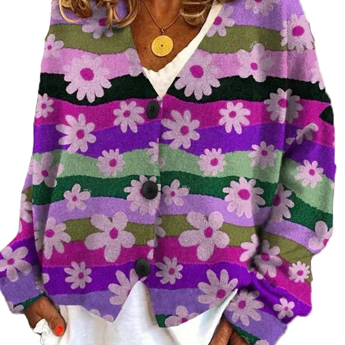 Cardigan casual con cuello en V y estampado floral colorido para mujer