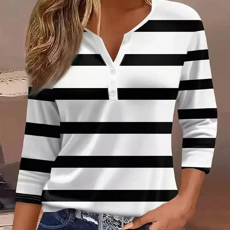 Women's Striped T-shirt with 3/4 Sleeves and Buttoned Collar