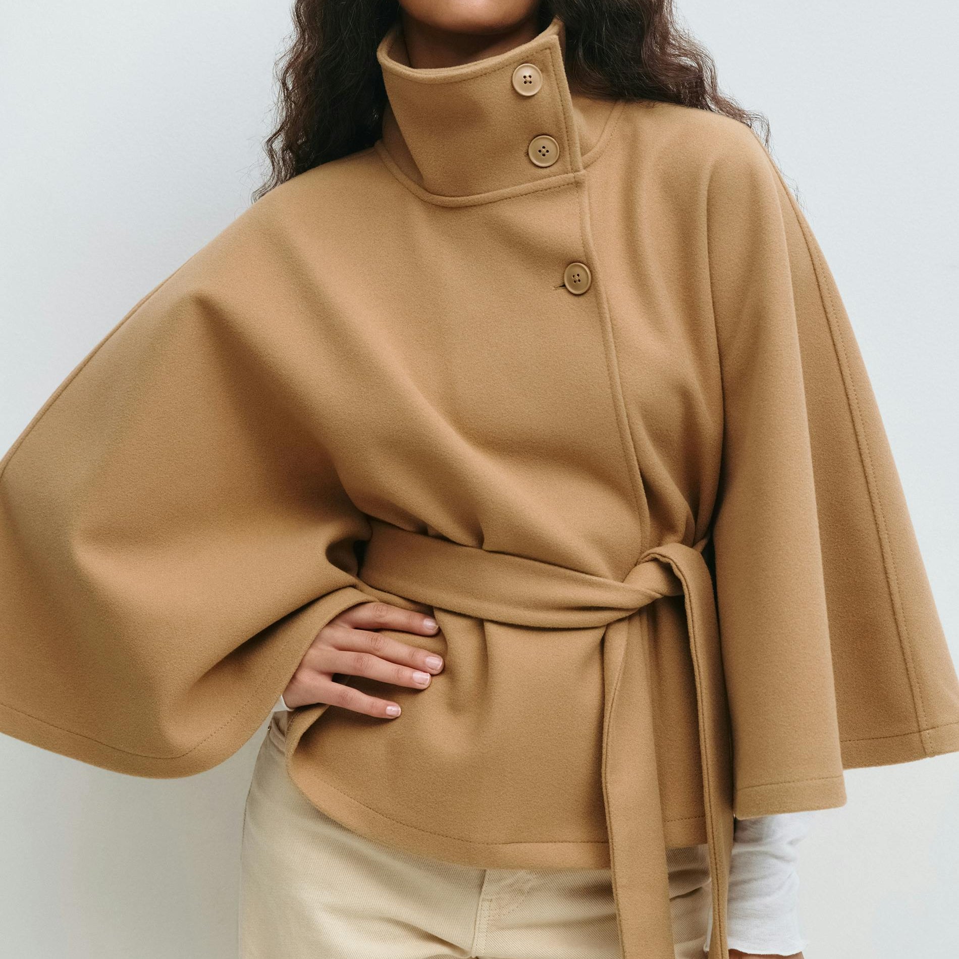 Cape with High Collar and Tie Belt