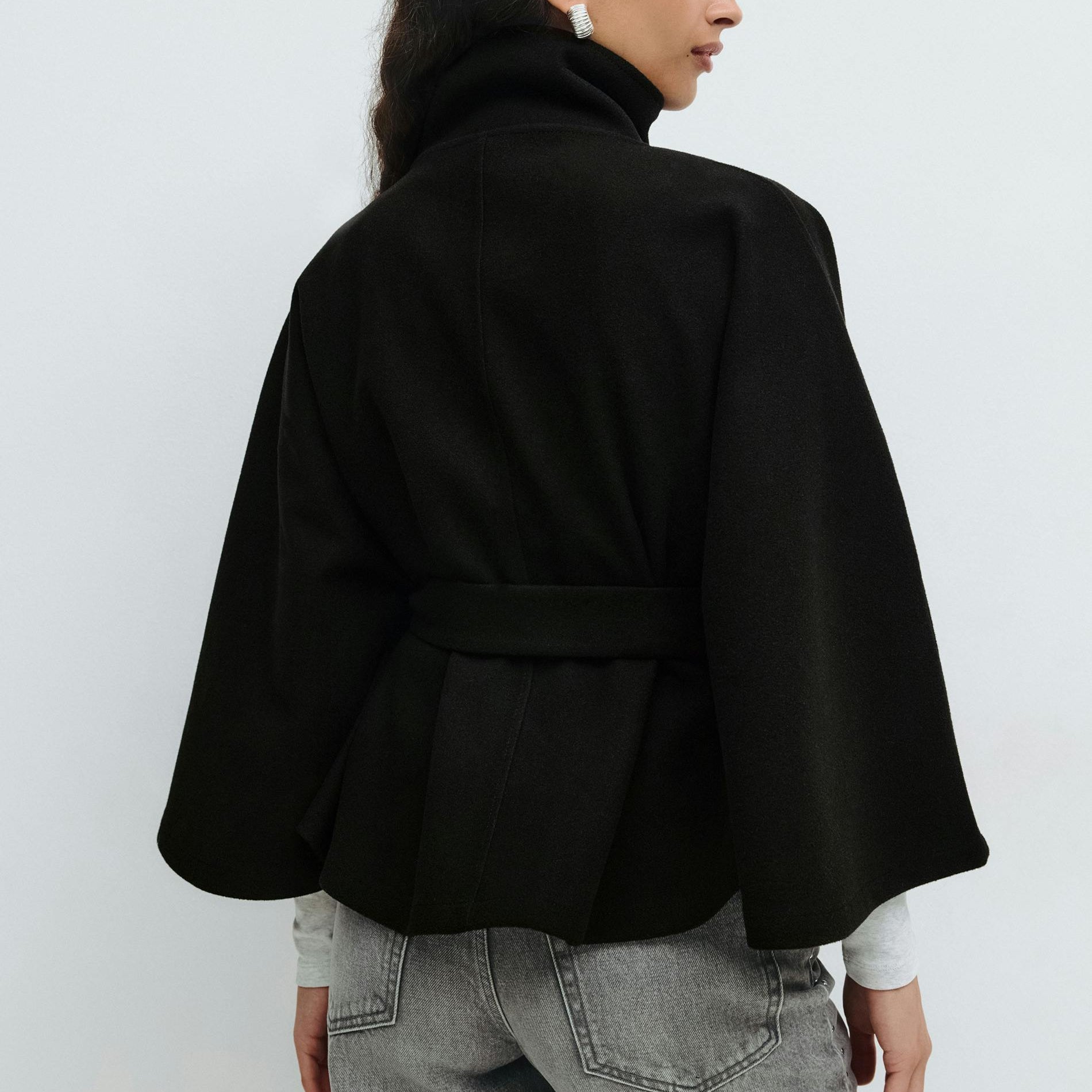 Cape with High Collar and Tie Belt