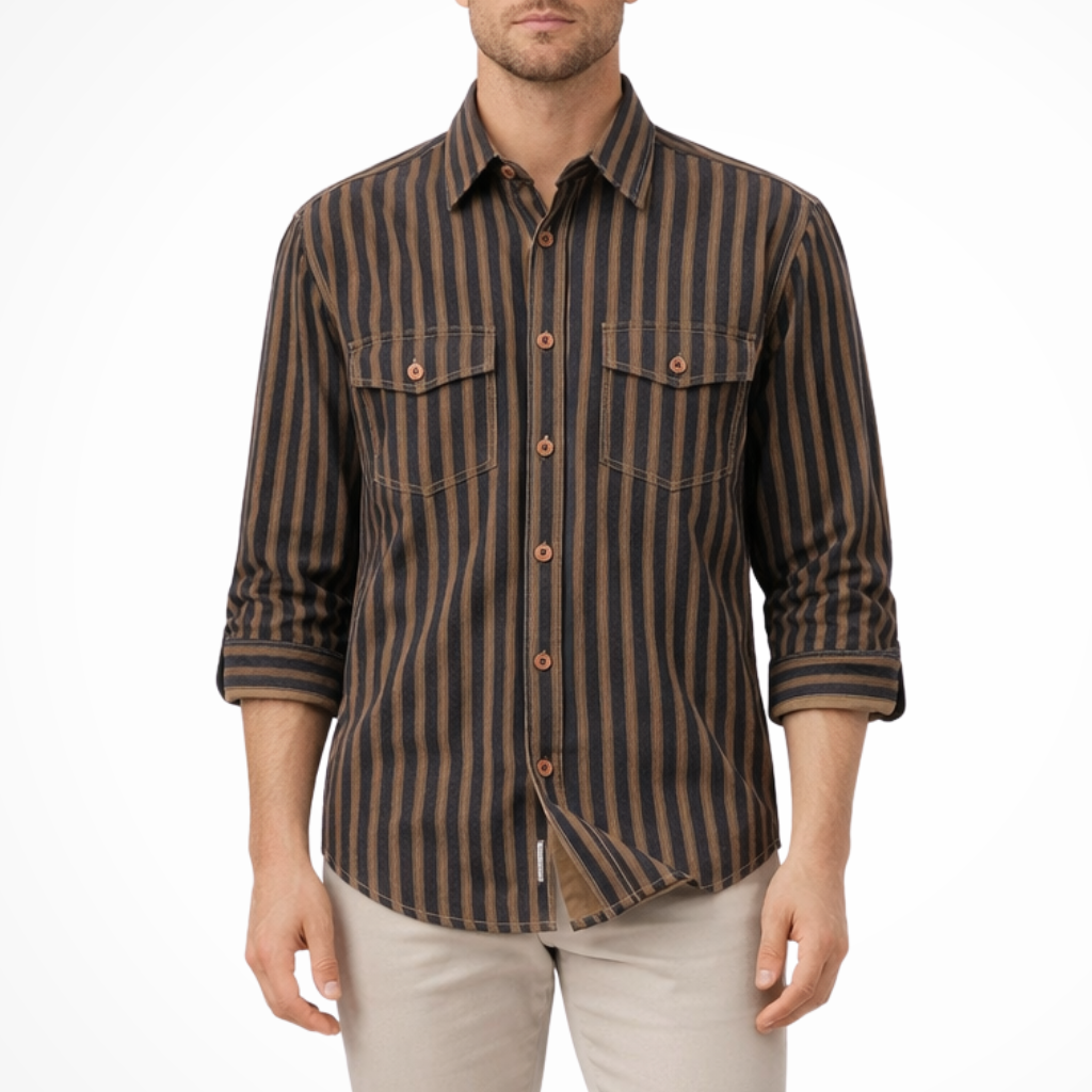 Men's Casual Striped Shirt Loose Fit Long Sleeves