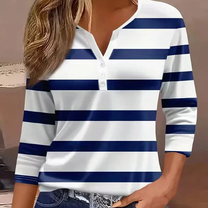 Women's Striped T-shirt with 3/4 Sleeves and Buttoned Collar