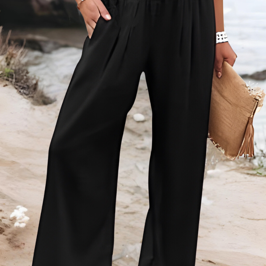 Wide Leg Women's Pants High Waist with Ruched Waistband
