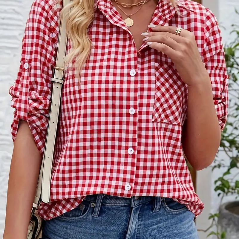 Button-Up Long Sleeve Checkered Shirt for Women