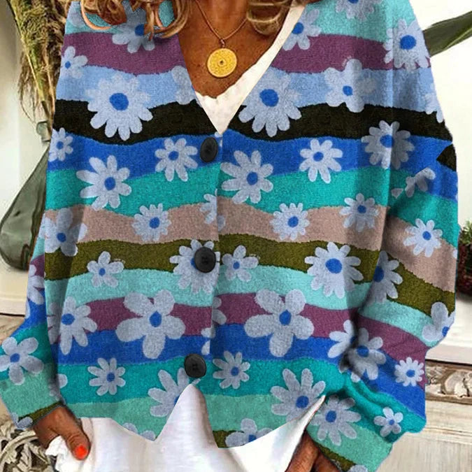 Cardigan casual con cuello en V y estampado floral colorido para mujer