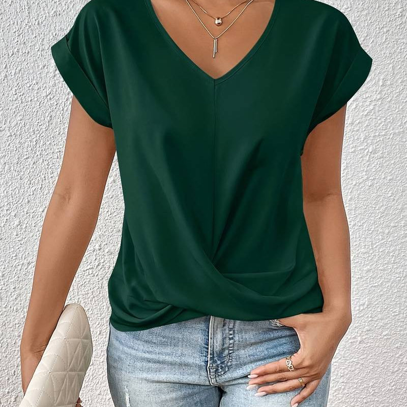 Short Sleeve V-Neck Top for Women with Knot Detail
