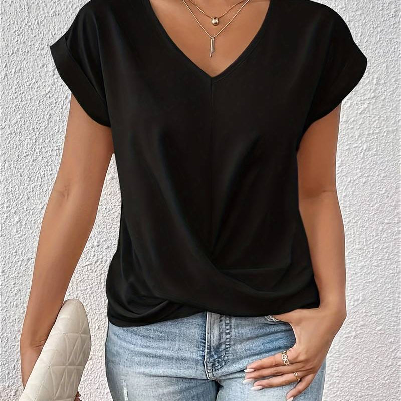 Short Sleeve V-Neck Top for Women with Knot Detail