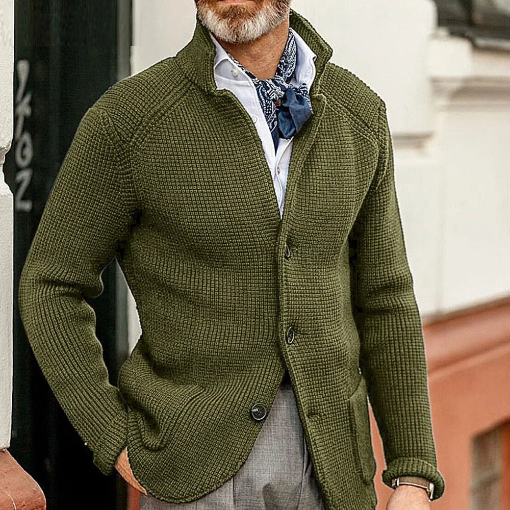 Men’s buttoned-up cardigan with a stand-up collar