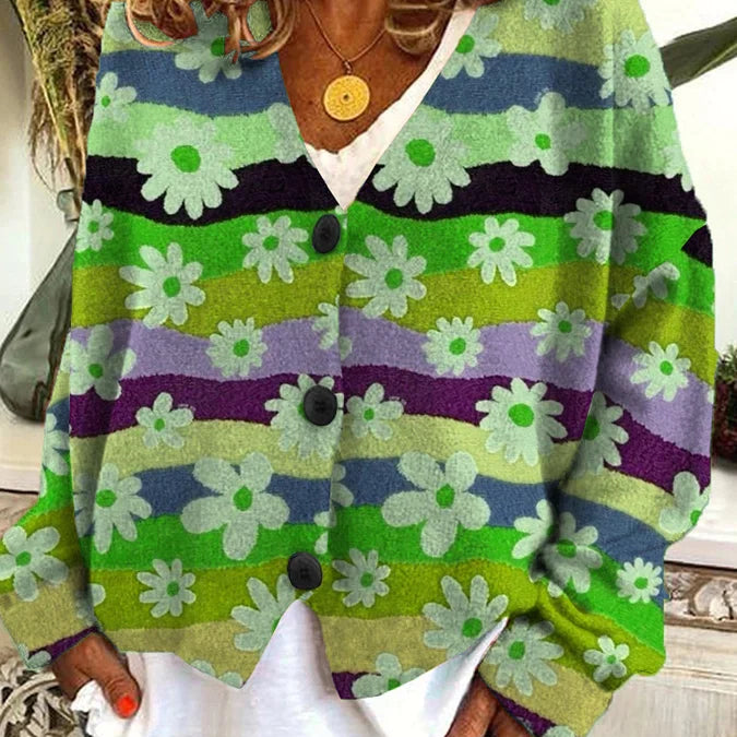 Cardigan casual con cuello en V y estampado floral colorido para mujer
