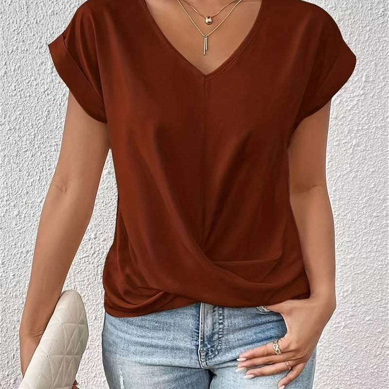 Short Sleeve V-Neck Top for Women with Knot Detail