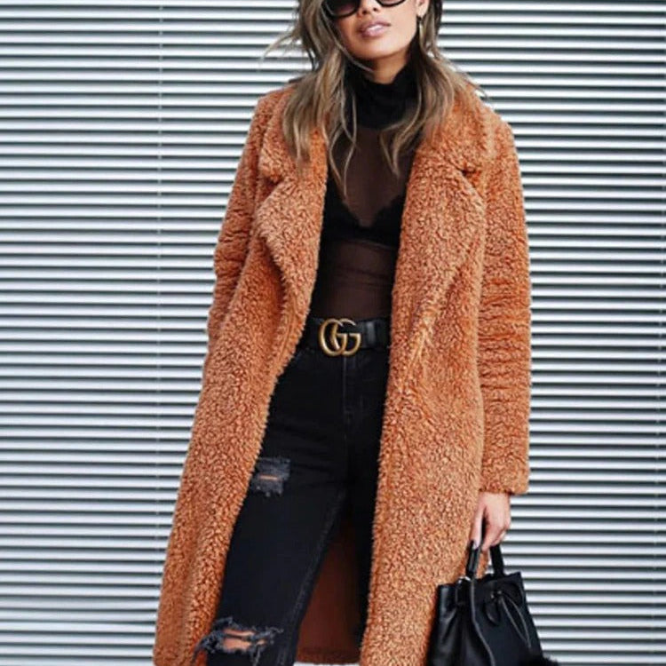 Women's Long Teddy Coat with Lapel Collar