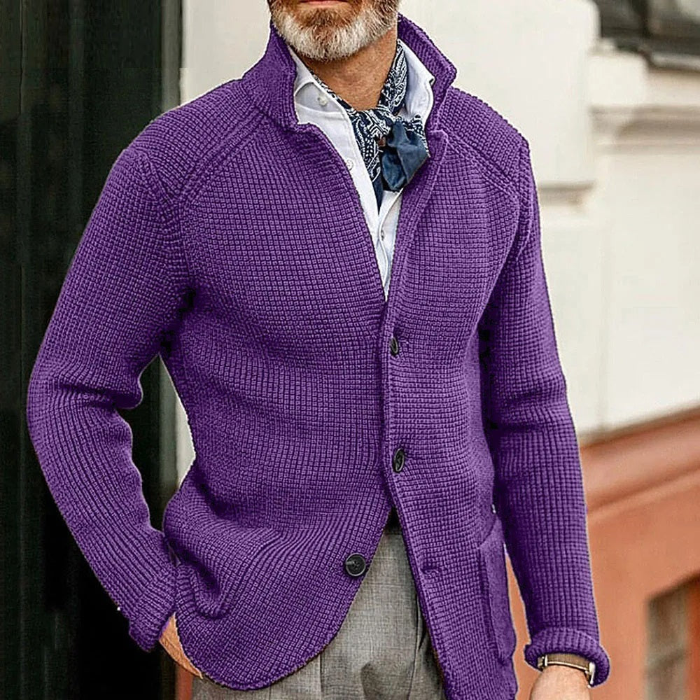 Men’s buttoned-up cardigan with a stand-up collar