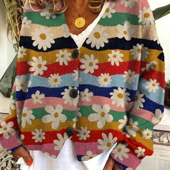 Cardigan casual con cuello en V y estampado floral colorido para mujer