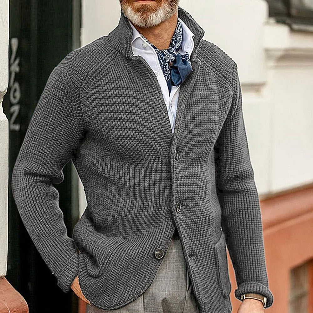Men’s buttoned-up cardigan with a stand-up collar