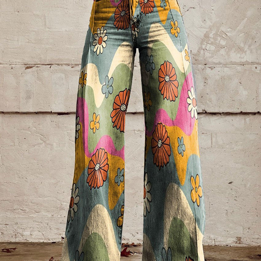 Pantalón ancho para mujer con estampado floral y cintura alta