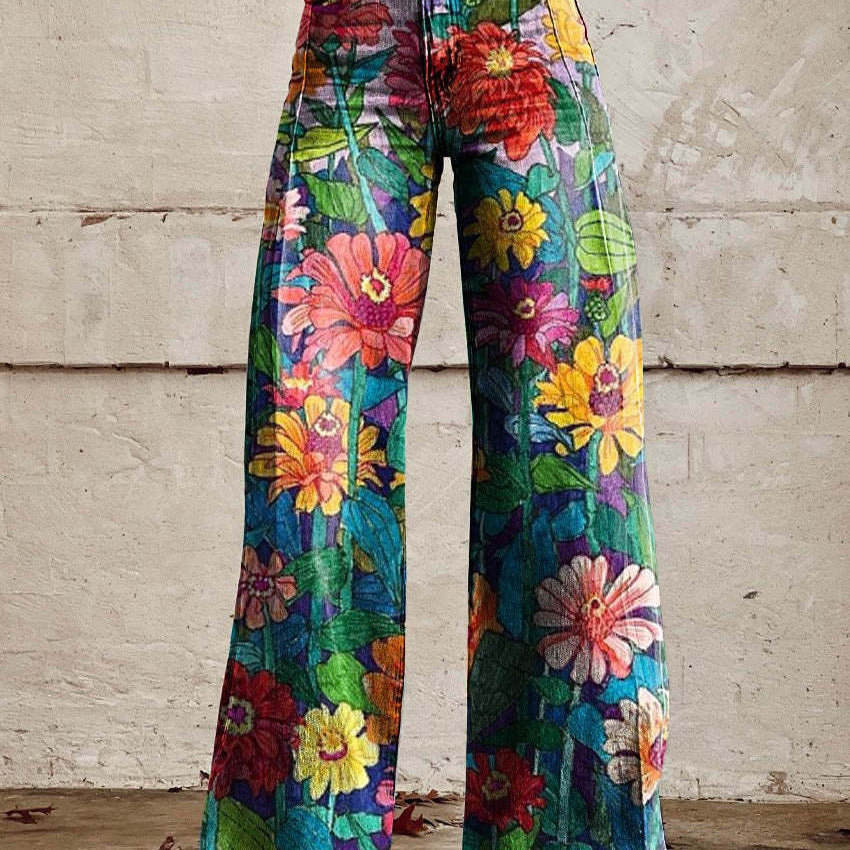 Pantalón ancho para mujer con estampado floral y cintura alta