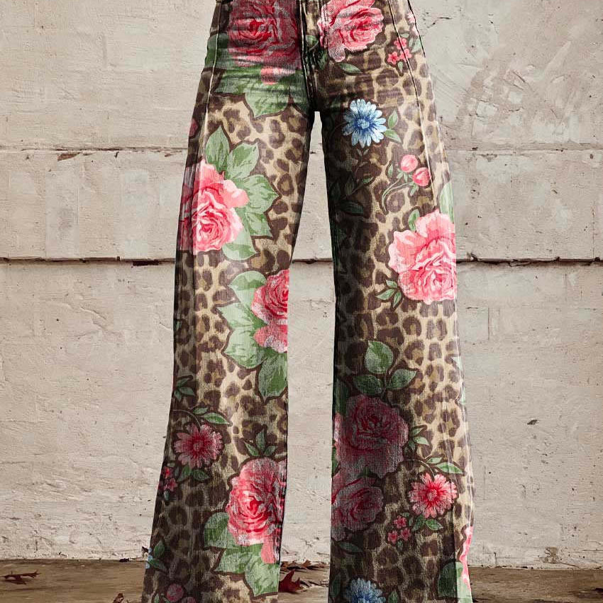 Pantalón ancho para mujer con estampado floral y cintura alta