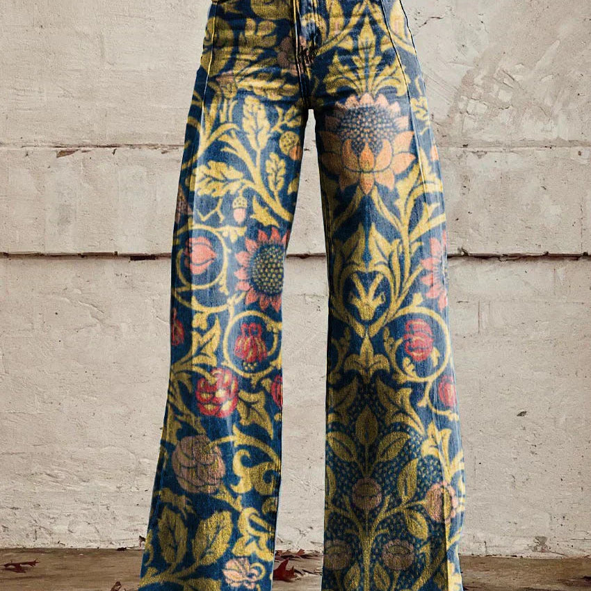 Pantalón ancho para mujer con estampado floral y cintura alta