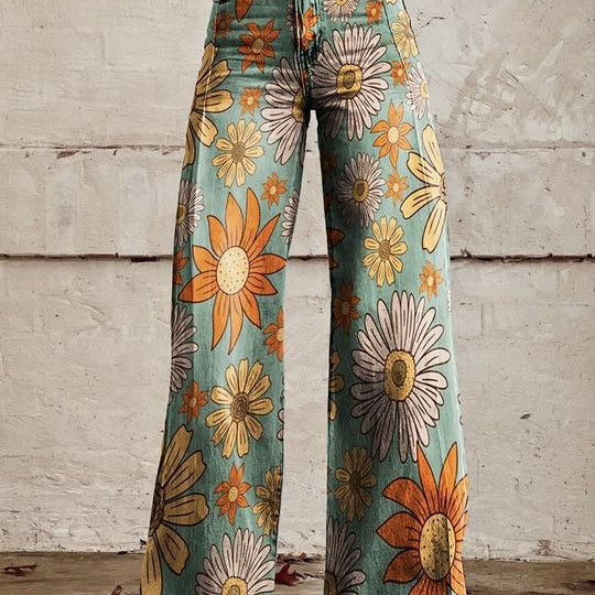 Pantalón ancho para mujer con estampado floral y cintura alta