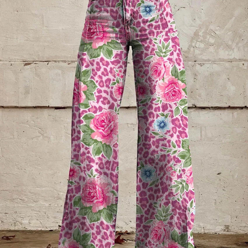 Pantalón ancho para mujer con estampado floral y cintura alta