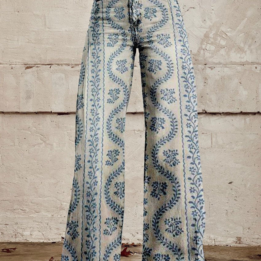 Pantalón ancho para mujer con estampado floral y cintura alta