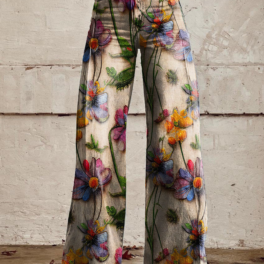 Pantalón ancho para mujer con estampado floral y cintura alta