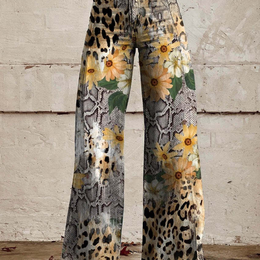 Pantalón ancho para mujer con estampado floral y cintura alta