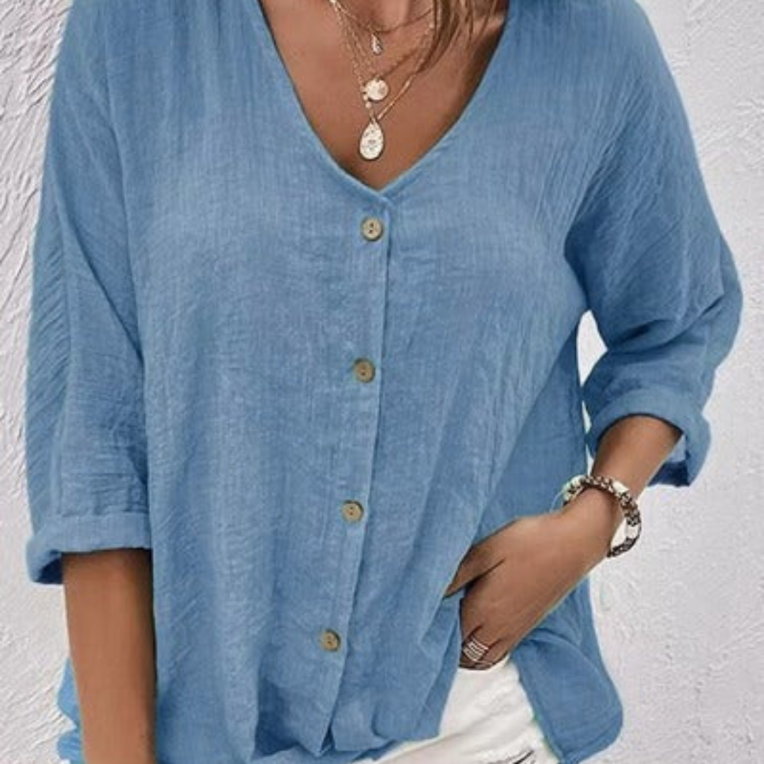 Blusa femenina casual con cuello en V abotonado y mangas remangadas