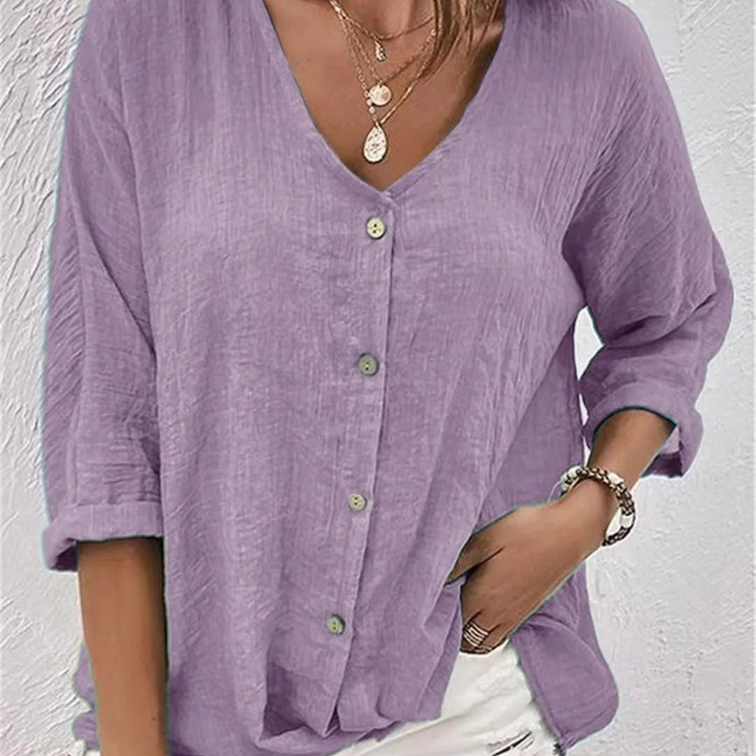 Blusa femenina casual con cuello en V abotonado y mangas remangadas