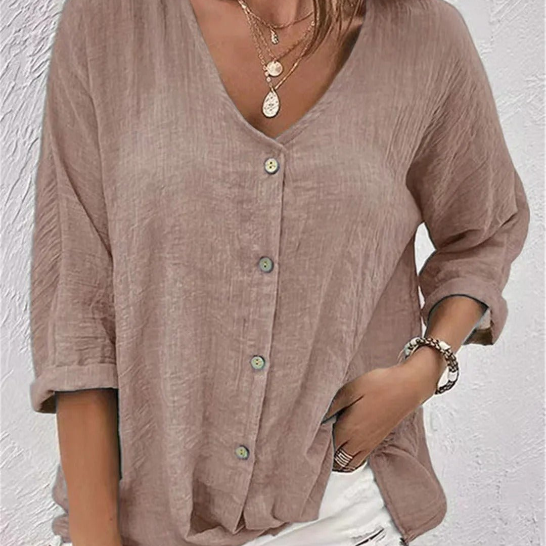 Blusa femenina casual con cuello en V abotonado y mangas remangadas