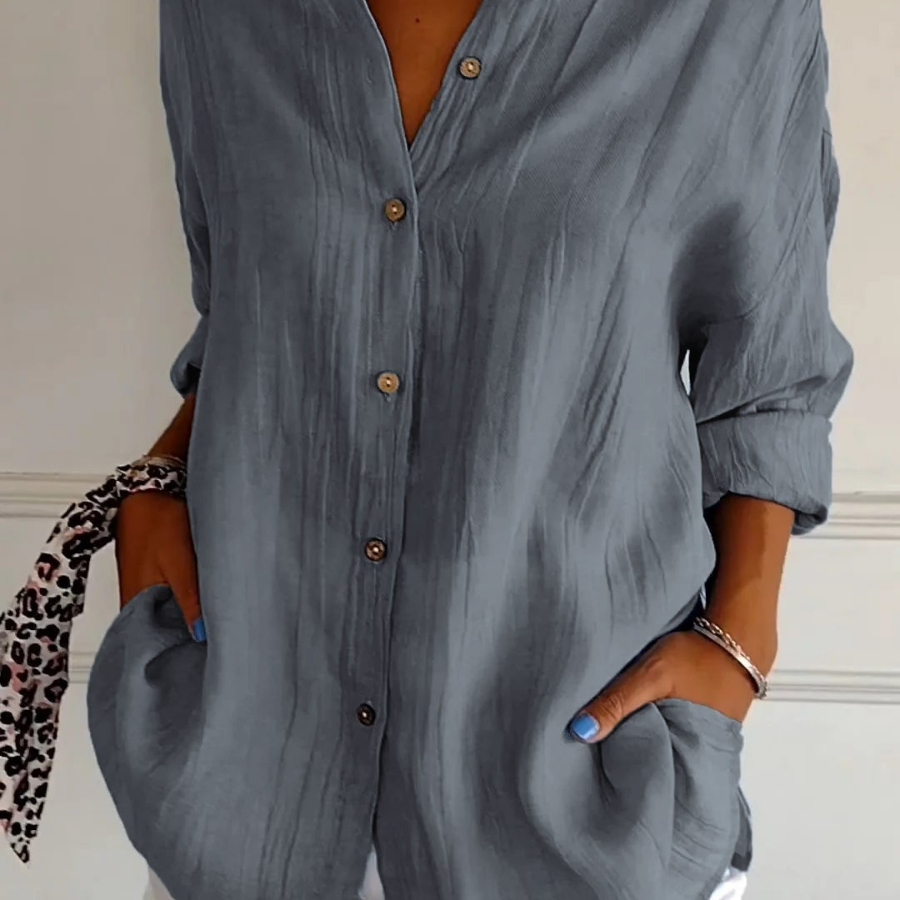 Camisa casual con cuello abotonado para mujer, corte oversize