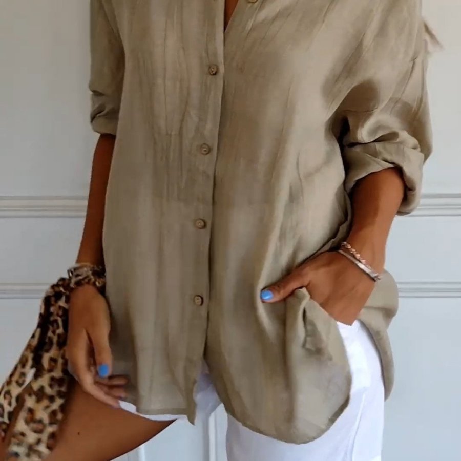 Camisa casual con cuello abotonado para mujer, corte oversize