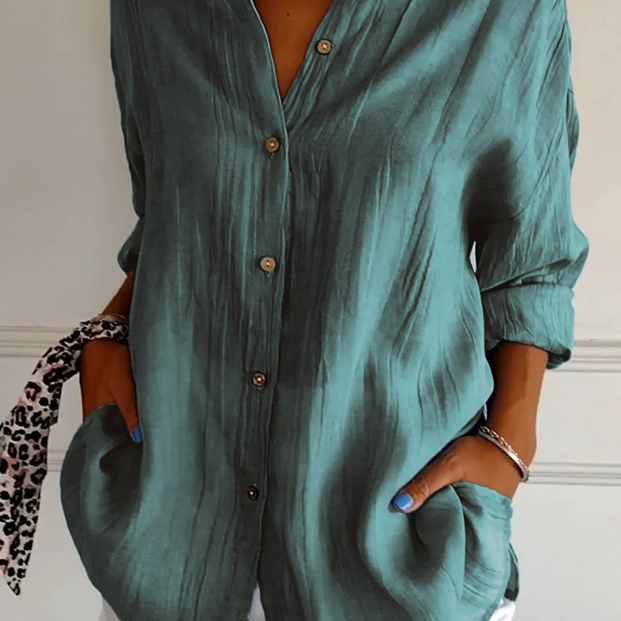 Camisa casual con cuello abotonado para mujer, corte oversize