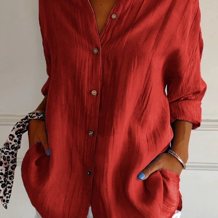 Camisa casual con cuello abotonado para mujer, corte oversize