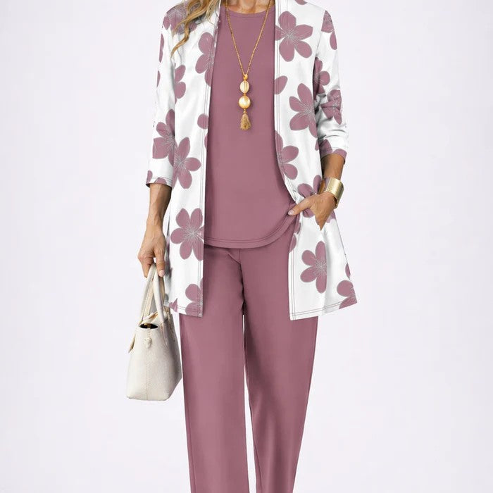 Conjunto de mujer elegante de 3 piezas con cárdigan estampado