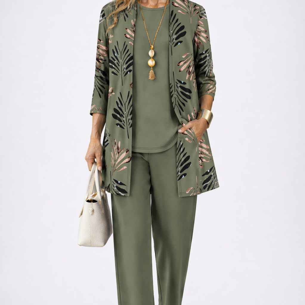 Conjunto de mujer elegante de 3 piezas con cárdigan estampado