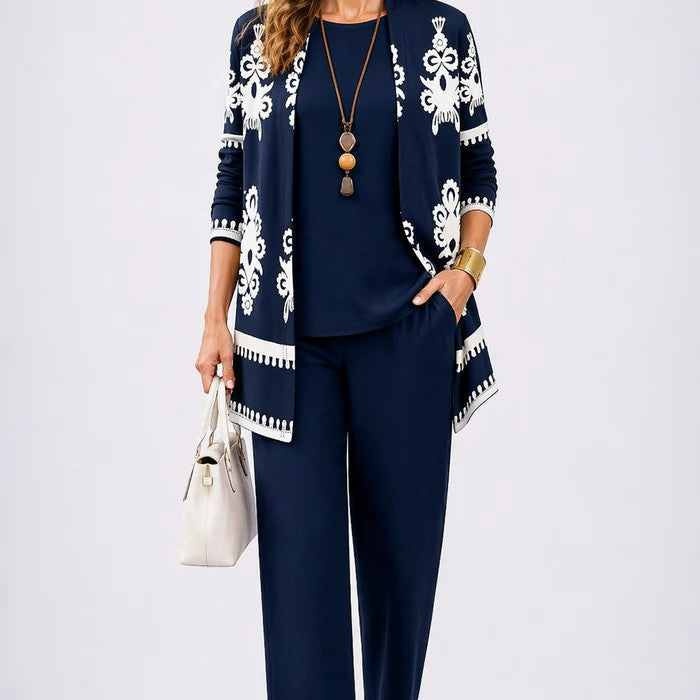 Conjunto de mujer elegante de 3 piezas con cárdigan estampado