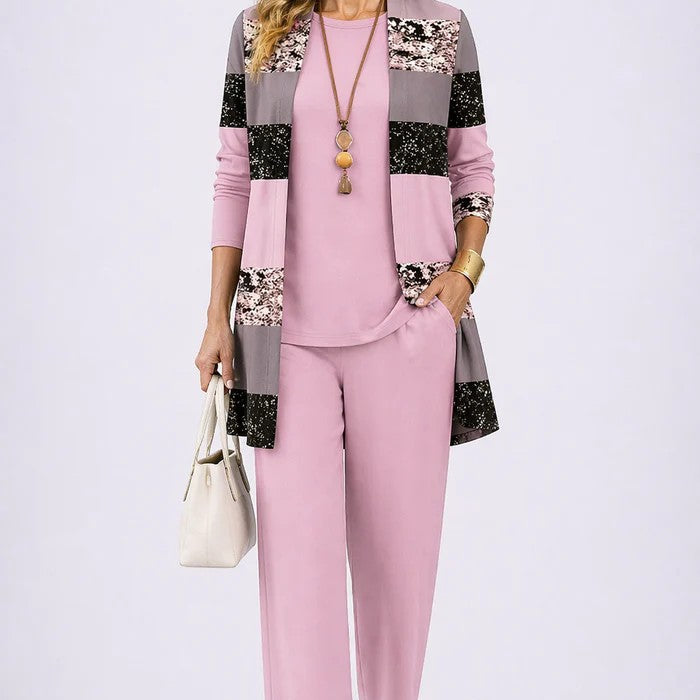 Conjunto de mujer elegante de 3 piezas con cárdigan estampado