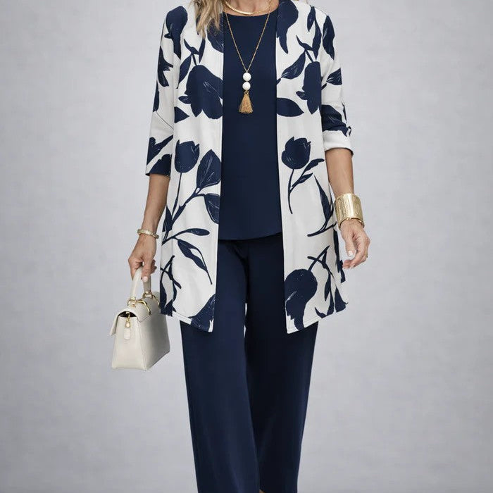 Conjunto de mujer elegante de 3 piezas con cárdigan estampado
