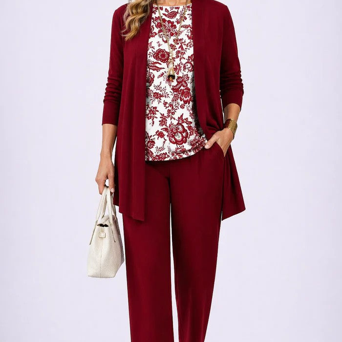 Conjunto de mujer elegante de 3 piezas con cárdigan estampado