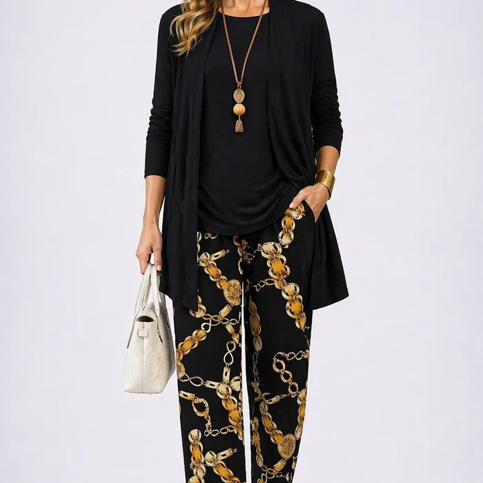 Conjunto de mujer elegante de 3 piezas con cárdigan estampado