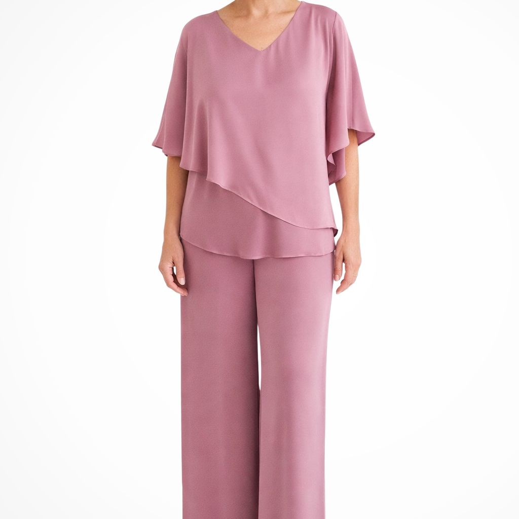 Élégant Ensemble Femme Col V Manches Chauve-Souris et Pantalon Large Deux Pièces