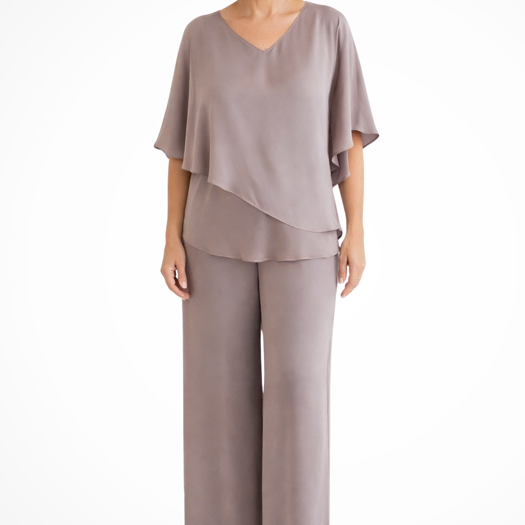 Élégant Ensemble Femme Col V Manches Chauve-Souris et Pantalon Large Deux Pièces