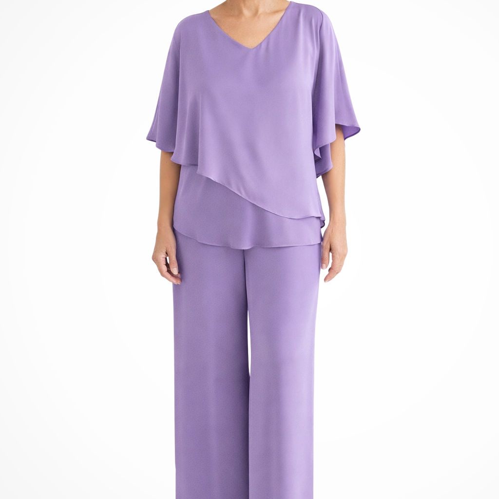Élégant Ensemble Femme Col V Manches Chauve-Souris et Pantalon Large Deux Pièces