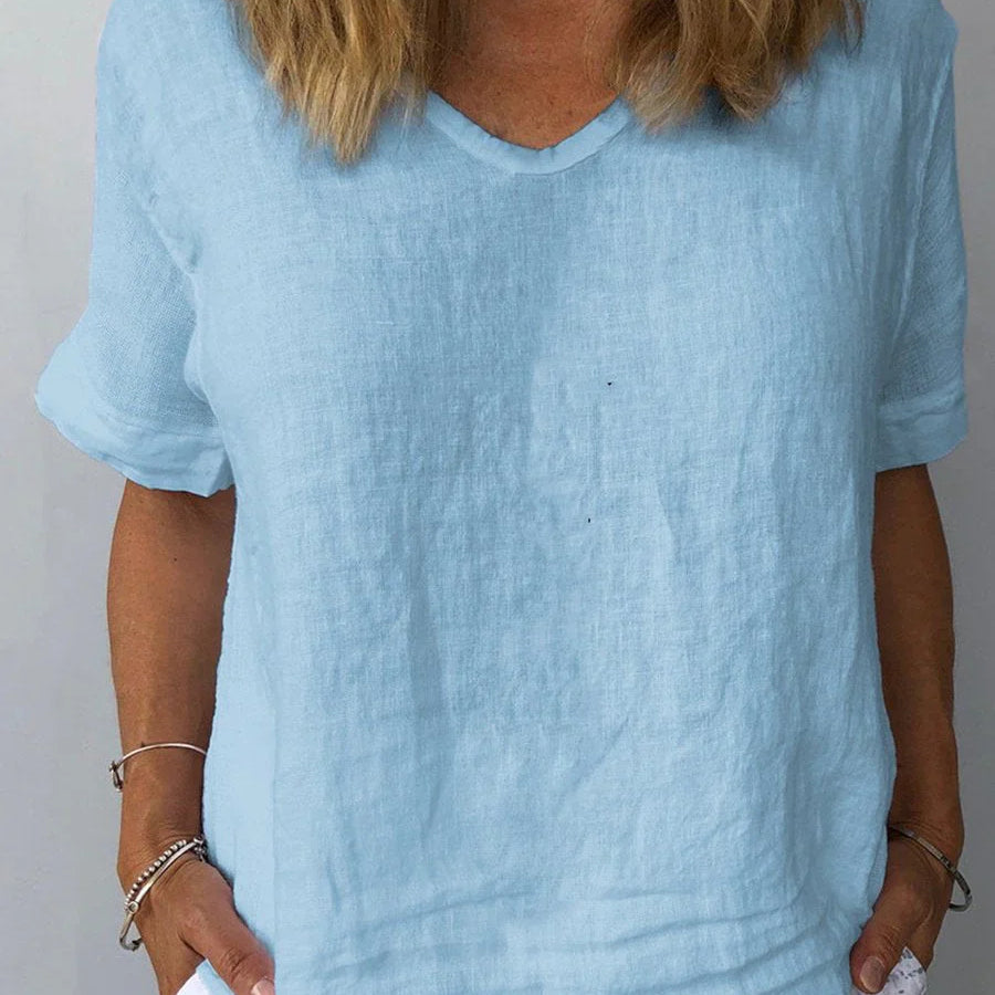 Camiseta casual lisa con cuello en V para mujer