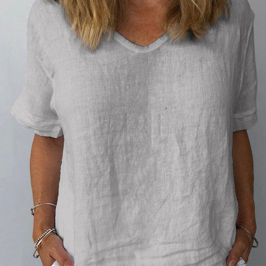 Camiseta casual lisa con cuello en V para mujer