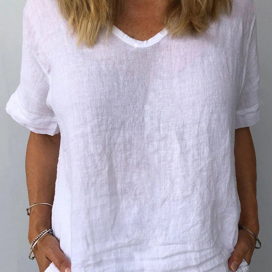 Camiseta casual lisa con cuello en V para mujer
