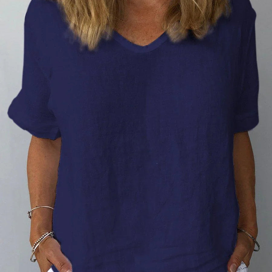 Camiseta casual lisa con cuello en V para mujer