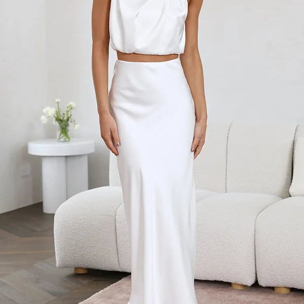 Conjunto de 2 piezas satinado elegante con cuello drapeado para mujer